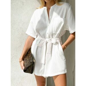 Commense White Textured Cotton Romper with Belt Summer Beach Casual Short Sleeve